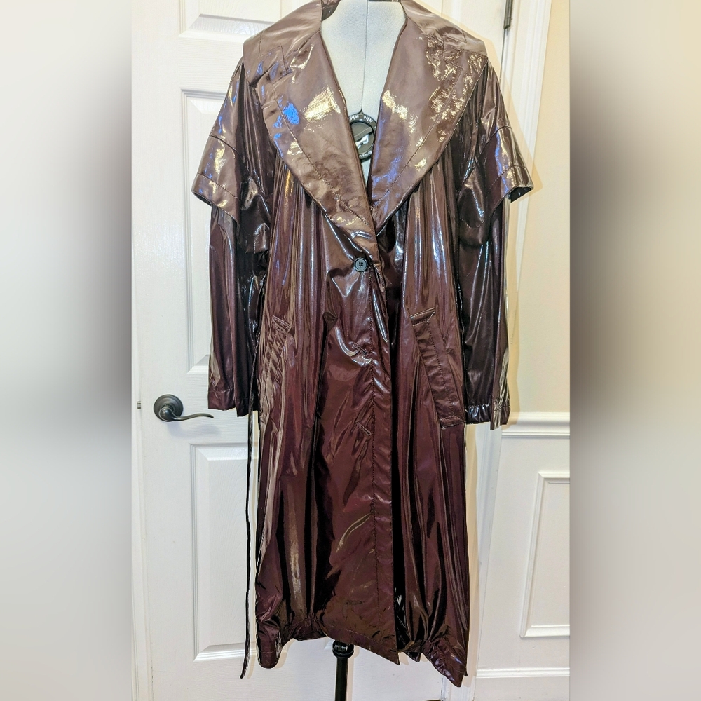 Palmer Harding Burgundy Patent Leather Look Trench Belted Statement Coat NWT - Picture 5 of 8